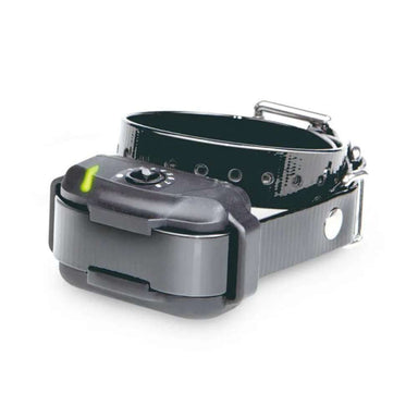 Close-up of a durable black dog collar with a built-in control module, Dogtra E-Fence 3500 Additional Receiver, featuring a dial and indicator light