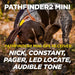 Close-up of a hunting dog holding a bird highlights training modes like nick, constant, pager, LED light, and tone on Dogtra Pathfinder2 Mini GPS E-Collar