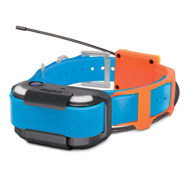 Close-up of the blue and orange Dogtra Pathfinder2 TRX Extra Receiver Collar shows its durable strap and built-in tracking device