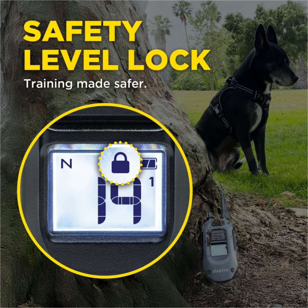 Close-up of the screen shows the safety level lock feature on Dogtra 280X Remote Trainer 1 Dog System for secure training control