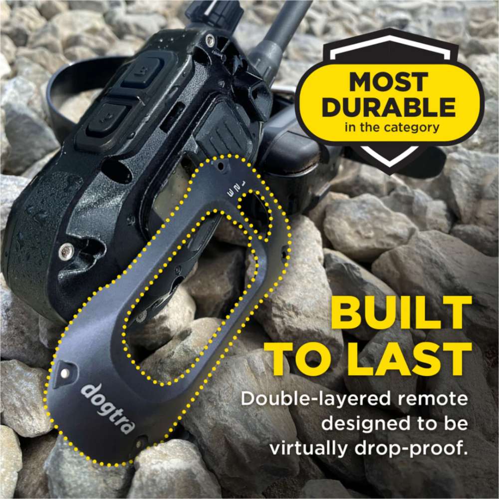 Close-up shows Dogtra 280X Remote Trainer 1 Dog System remote on rocks, highlighting its durable, drop-resistant design