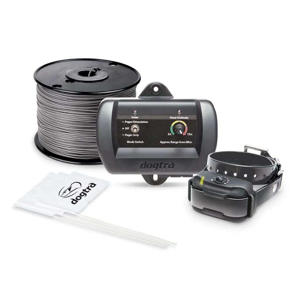 Close-up shows Dogtra EF3500 Rechargeable Containment System kit with transmitter, collar, wire, and accessories