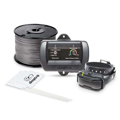 Close-up shows Dogtra EF3500 Rechargeable Containment System kit with transmitter, collar, wire, and accessories