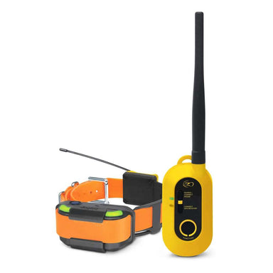 Close-up shows Dogtra GPS Pathfinder2 E-Collar 9 Mile Range collar beside its yellow remote with a long antenna
