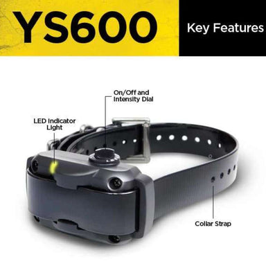 Close-up shows Dogtra YS600 No Bark Dog Collar with a black adjustable strap, top dial, and glowing LED indicator