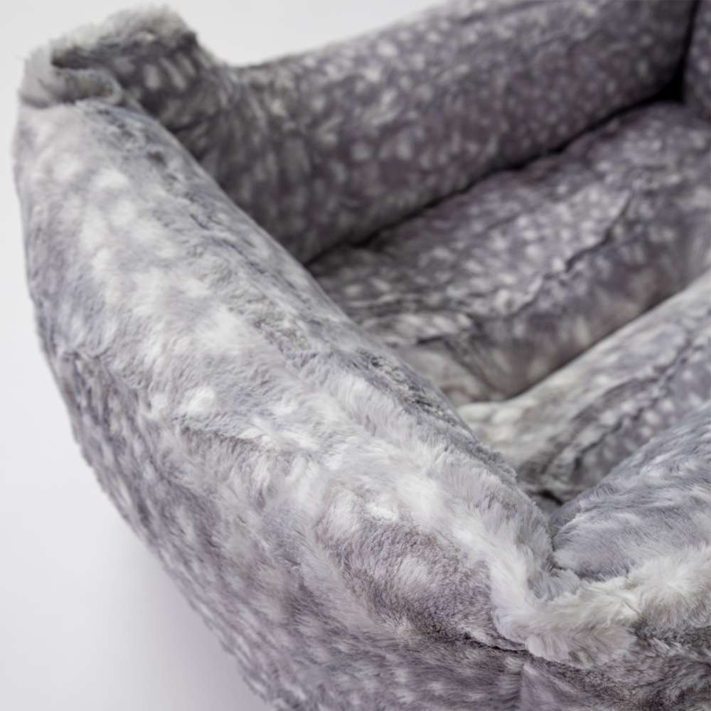 Close-up of a grey Hello Doggie Cashmere Dog Bed, highlighting the soft, luxurious texture and detailed stitching for ultimate pet comfort