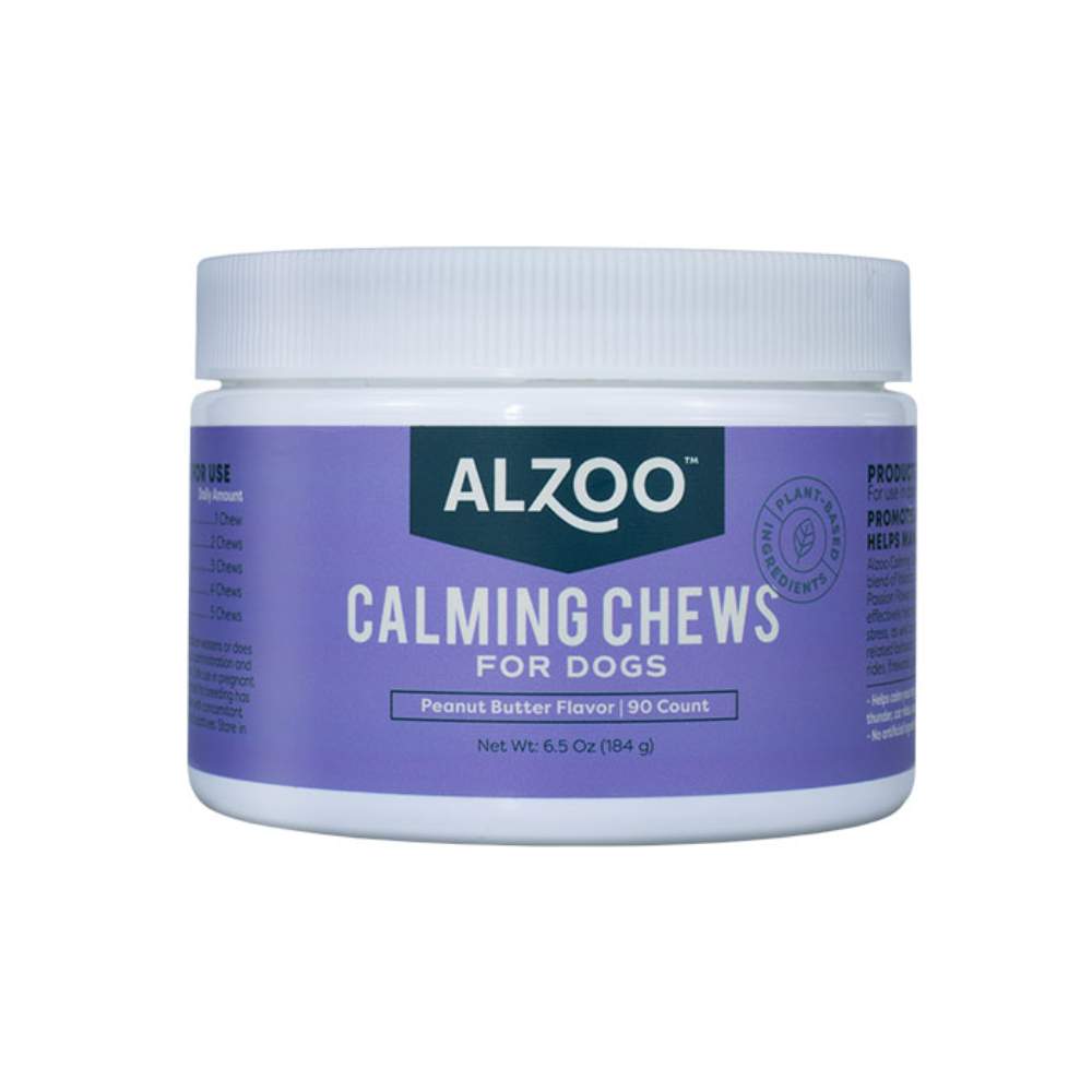 Close-up view of the ALZOO Plant-Based Calming Soft Chews container, clearly displaying the product name and label