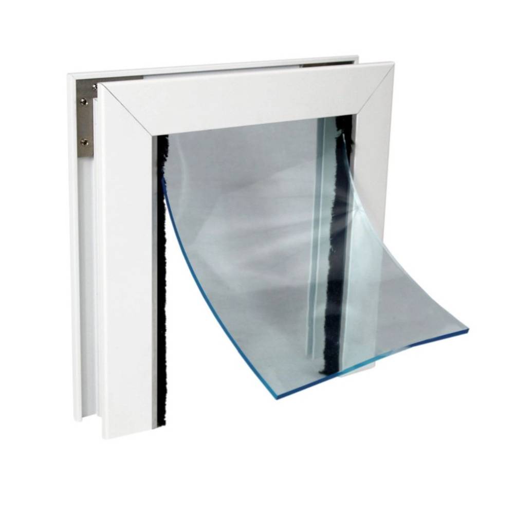 Close-up view of the Security Boss Interior Pet Pass Thru with a clear flexible flap, framed in white, designed to allow pets easy passage between rooms