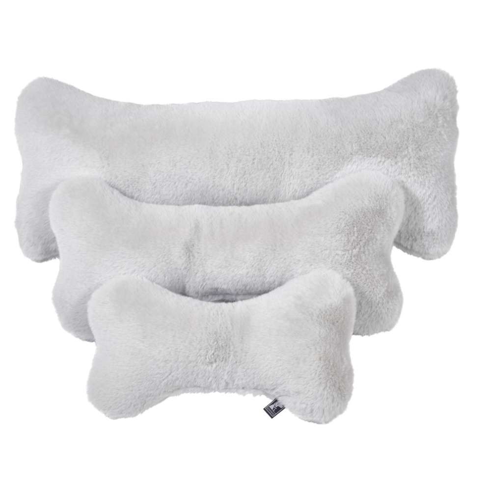 Cloud Bowsers Bumper Bone Pillow white plush bone dog toys displayed together in multiple cozy sizes