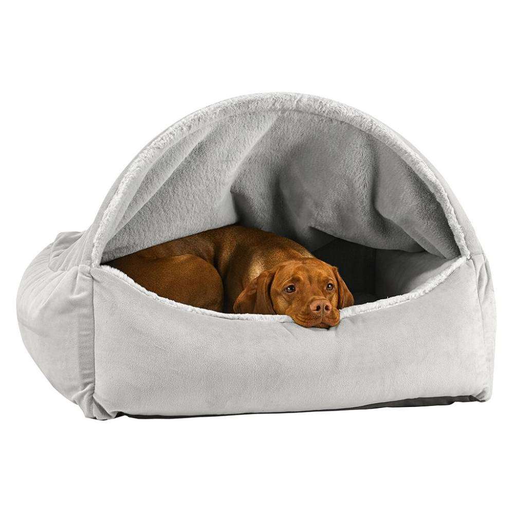Cloud Bowsers Canopy Dog Bed in light gray shows a brown dog resting inside with its head over the front edge