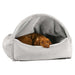Cloud Bowsers Canopy Dog Bed in light gray shows a brown dog resting inside with its head over the front edge