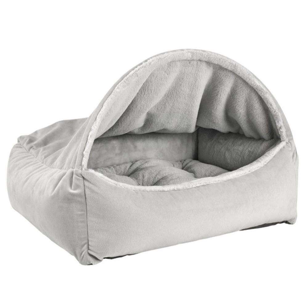 Cloud Bowsers Canopy Dog Bed in light gray shows an angled view of the deep covered opening and padded sleep area