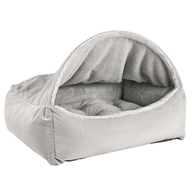 Cloud Bowsers Canopy Dog Bed in light gray shows an angled view of the deep covered opening and padded sleep area