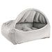 Cloud Bowsers Canopy Dog Bed in light gray shows an angled view of the deep covered opening and padded sleep area