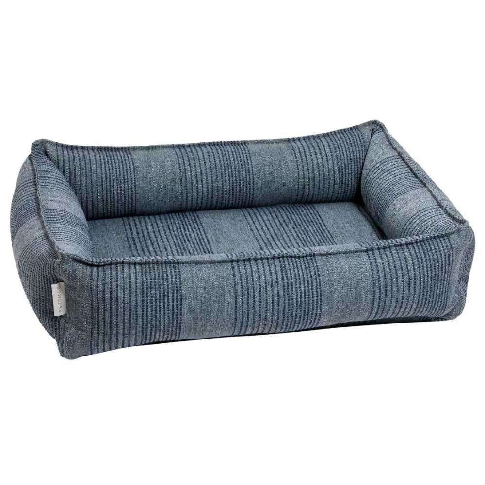 Coastal Blue Bowsers Urban Lounger Dog Bed in blue striped fabric with raised cushioned edges