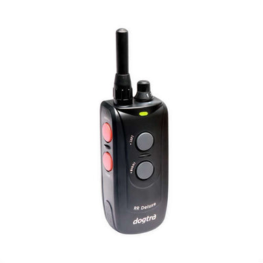 Compact black handheld device with buttons, a knob, and antenna, labeled Dogtra RR Deluxe Remote Controller for dog training or release systems