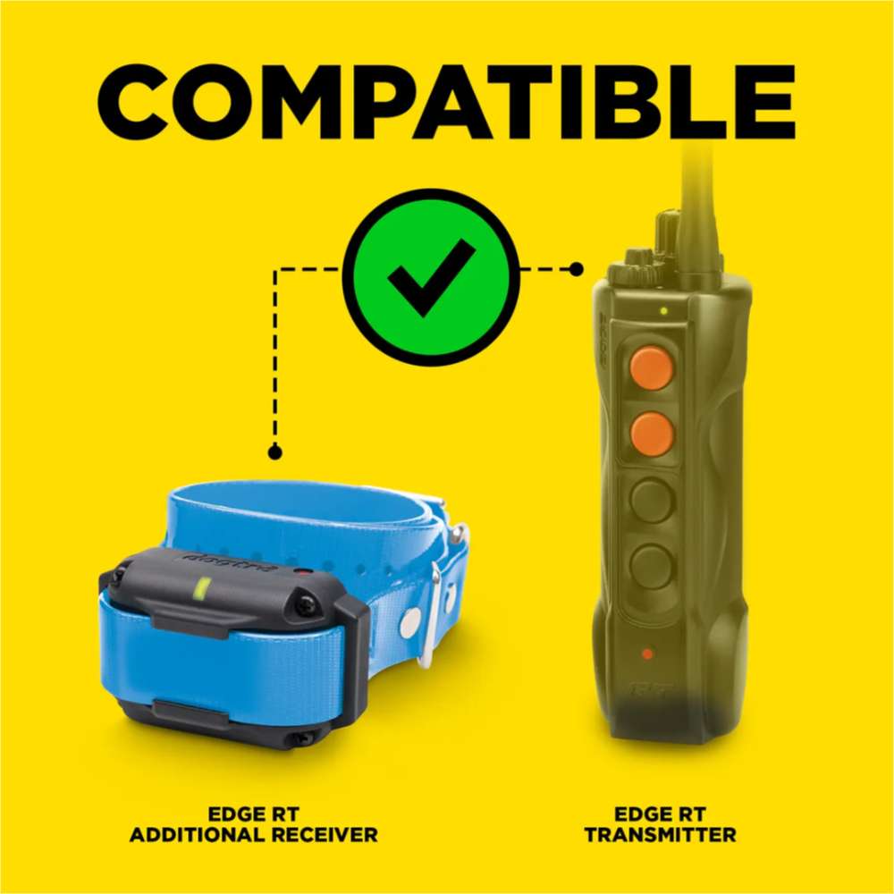 Compatibility graphic shows Dogtra EDGE RT Additional Receiver paired with its handheld transmitter