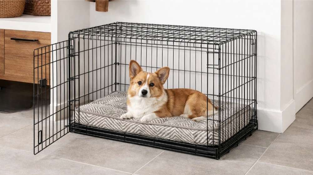 Corgi relaxes inside a black wire crate on Bowsers Luxury Crate Mattress Dog Bed with a cozy gray patterned cushion