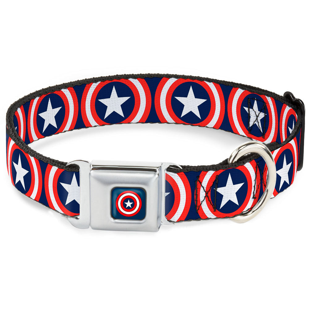 MARVEL COMICS Captain America Shield Full Color Navy Seatbelt Buckle Collar - Captain America Shield Repeat Navy