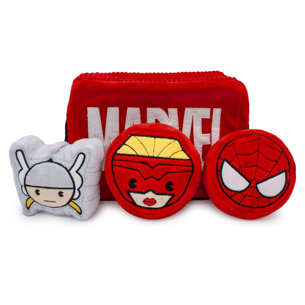 Dog Toy Hide and Seek Toy - MARVEL Red Brick Logo with Avengers Captain Marvel, Spider-Man and Thor Kawaii Faces