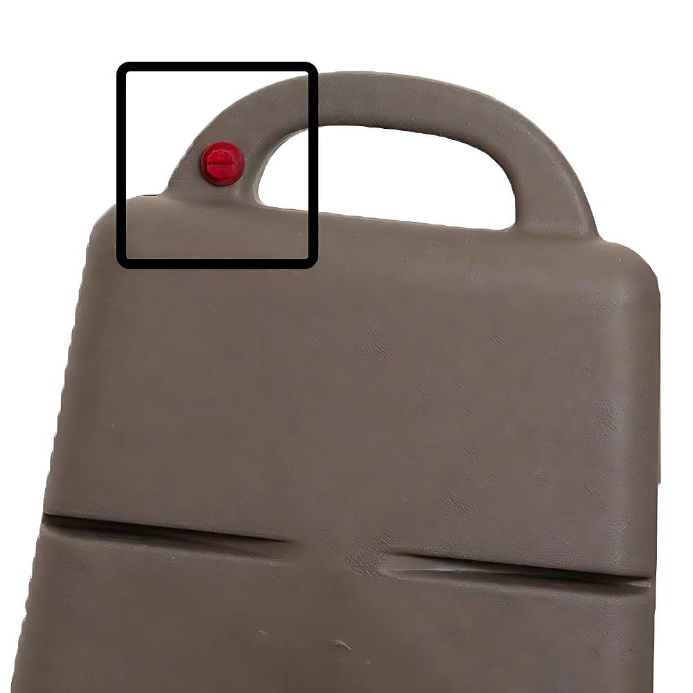 Dakota 283 Replacement Dash Series Drain Plug attached to the corner of a tan plastic container with a handle