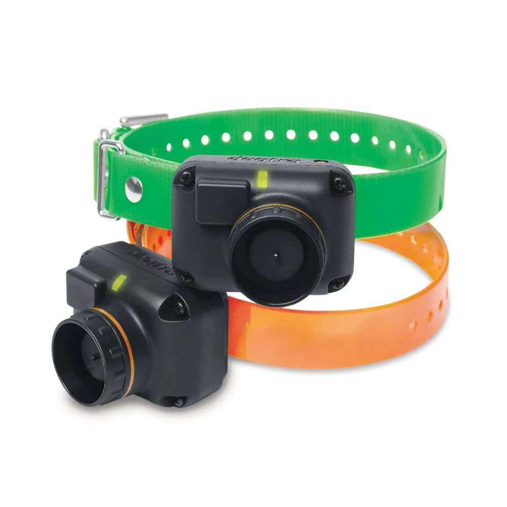 Detailed view of Dogtra Train/Beep 1.5 Mile 2 Dog Remote Trainer collars shows two receiver units with adjustable straps