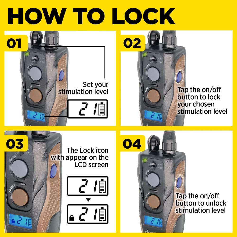 Diagram shows how to lock and unlock stimulation levels on Dogtra 1902S Handsfree Plus Boost & Lock Dog Remote Trainer using the power button