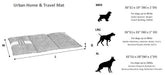Diagram shows the folded design, dimensions, and size options of Bowsers Urban Home & Travel Mat, including medium, large, and extra-large for different dog breeds
