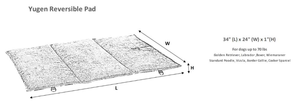 Diagram shows the size and dimensions of the Bowsers Yugen Reversible Pad, a flat rectangular dog mat designed for medium to large dogs up to 70 pounds