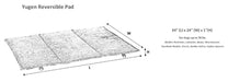 Diagram shows the size and dimensions of the Bowsers Yugen Reversible Pad, a flat rectangular dog mat designed for medium to large dogs up to 70 pounds