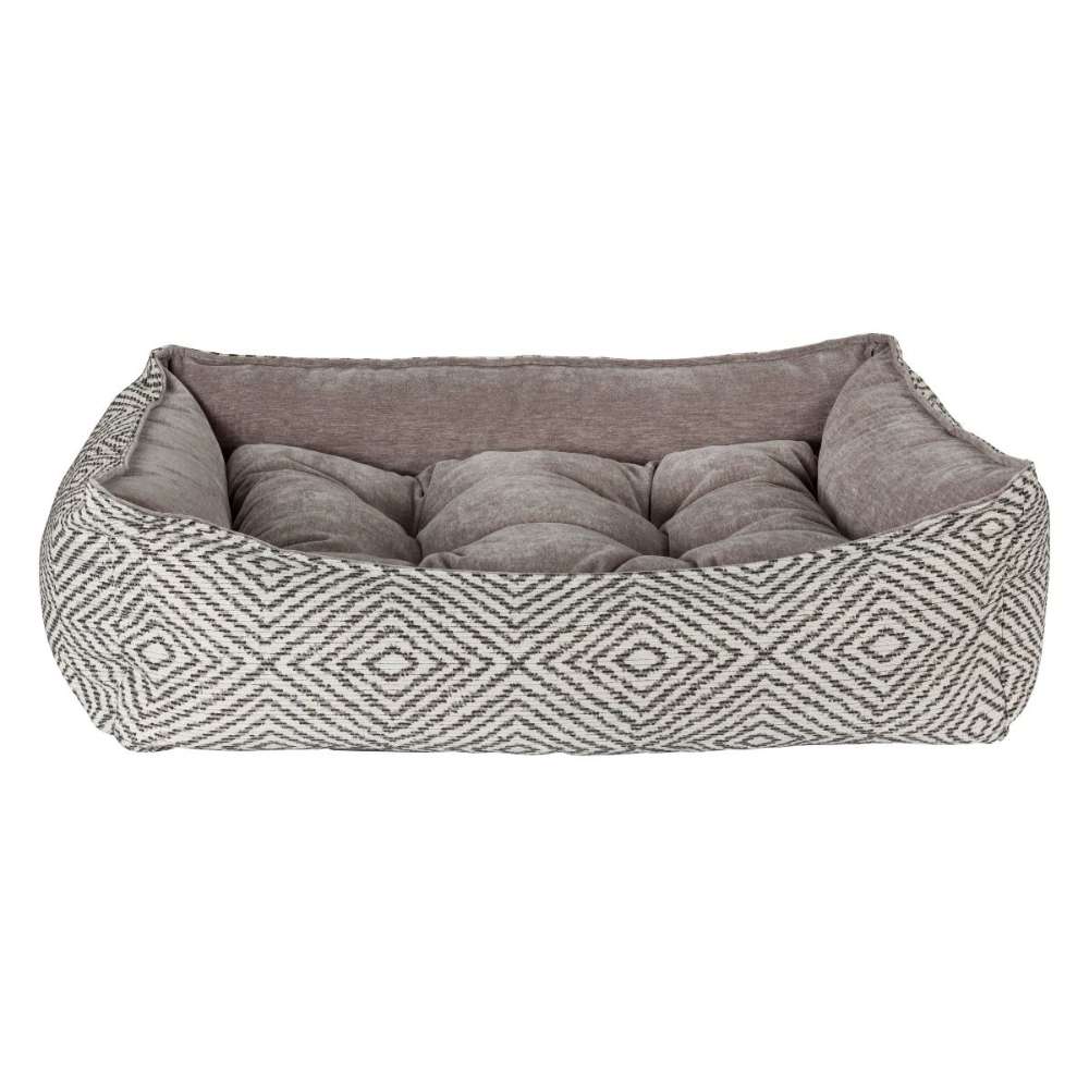 Diamondback Bowsers One Of A Kind Scoop Dog Bed features a gray diamond-patterned exterior with a plush cushioned interior