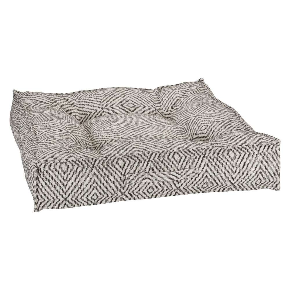 Diamondback Bowsers Piazza Dog Bed in black-and-white geometric fabric combines modern style with a plush tufted cushion design