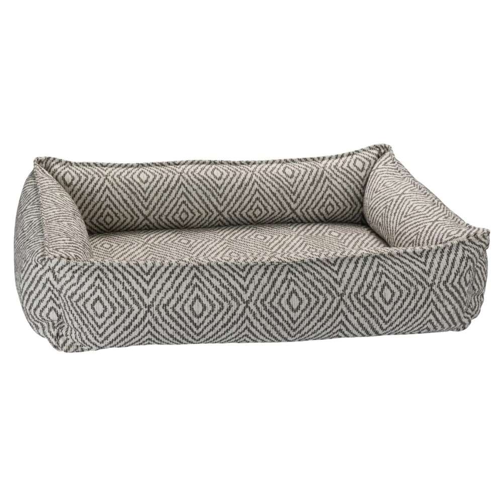 Diamondback Bowsers Urban Lounger Dog Bed in cream and gray geometric patterned fabric with soft bolsters