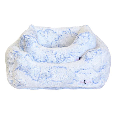 Displaying a pair of Hello Doggie Whisper Dog Bed in baby blue, this image highlights the cozy and fluffy texture of the beds