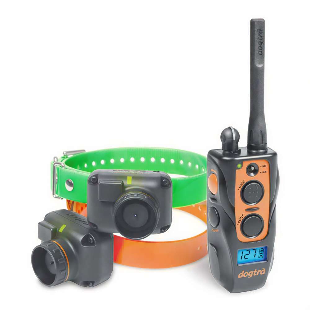 Dogtra 2702T&B Training and Beeper 1 Mile 2 Dog Remote Trainer is displayed with a handheld remote, two receiver units, and bright green and orange collars on a white background