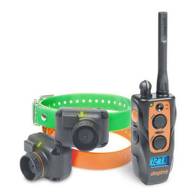 Dogtra 2702T&B Training and Beeper 1 Mile 2 Dog Remote Trainer is displayed with a handheld remote, two receiver units, and bright green and orange collars on a white background