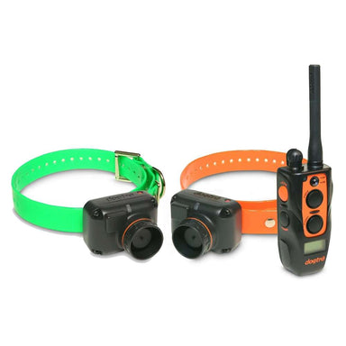 Dogtra 2702T&B Training and Beeper 1 Mile 2 Dog Remote Trainer is neatly arranged with two collars, receivers, and the remote to show the complete set