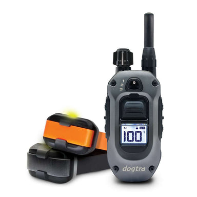 Dogtra 280X Remote Trainer 2 Dog System shows the remote control and two collars, highlighting their compact and rugged design