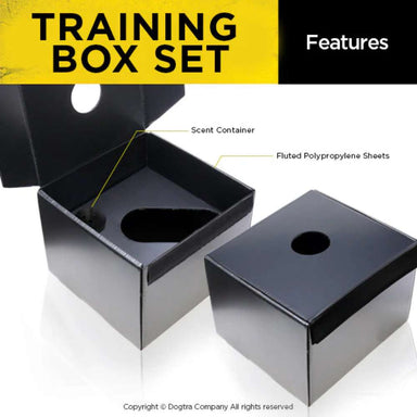 Dogtra 3 Ball Training Boxes & 3 Scent Cans shows a black training box with a lid, scent container area, fluted polypropylene sheets, and a large opening
