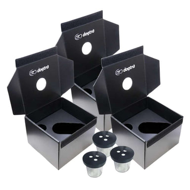 Dogtra 3 Ball Training Boxes & 3 Scent Cans shows three black dog training boxes with hinged lids, round scent holes, and three small scent cans in front
