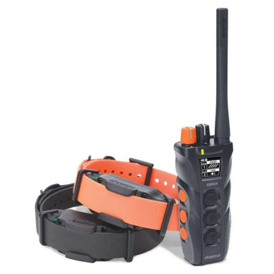 Dogtra 3502X Dual System 1.5 Mile 2 Dog Remote Trainer Expandable shows the handheld remote standing upright next to two adjustable collars on a plain background