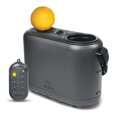Dogtra Ball Trainer Dual-Function Launcher and Dropper is displayed with a yellow ball and remote