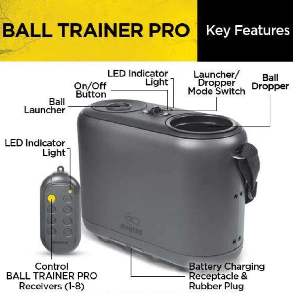 Dogtra Ball Trainer Dual-Function Launcher and Dropper shows labeled parts including launcher, dropper, controls, and charging port