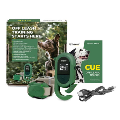 Dogtra CUE 400 Yard Dog Remote Trainer is shown with its box, manual, and charging cable, highlighting off-leash training features and included accessories