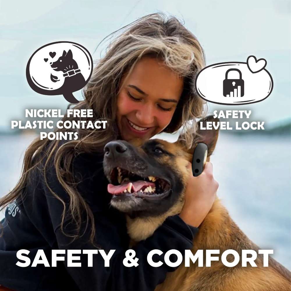 Dogtra CUE GEN2 400 Yard Dog Remote Trainer is shown with a smiling person hugging a dog, emphasizing nickel-free plastic contact points and a safety level lock
