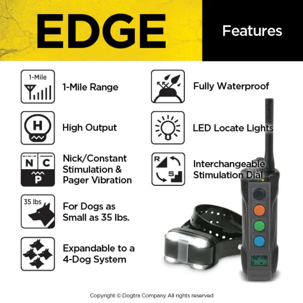 Dogtra EDGE 1 Mile Dog Remote Trainer Expandable highlights features like 1-mile range, waterproof build, LED lights, and expandable 4-dog capability