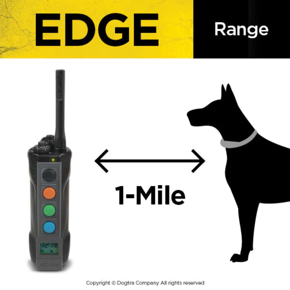 Dogtra EDGE 1 Mile Dog Remote Trainer Expandable range graphic shows the remote and a dog silhouette with a clear 1-mile distance