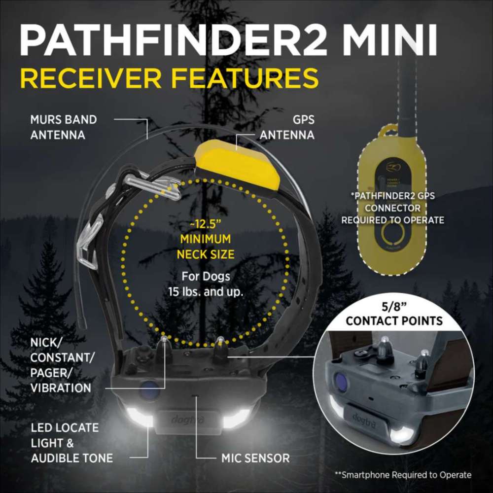 Dogtra Pathfinder2 Mini Additional Receiver is a compact dog training collar with labeled antennas, contact points, and LED light for dogs over 15 pounds