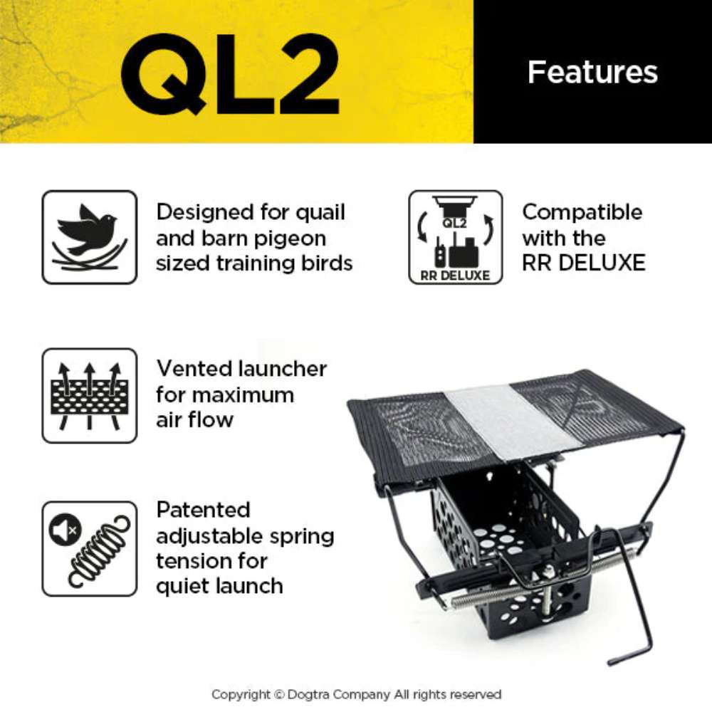 Dogtra QL2 Launcher features are displayed with icons, explaining it is designed for quail and pigeons, has a vented structure, and uses adjustable spring tension