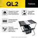 Dogtra QL2 Launcher features are displayed with icons, explaining it is designed for quail and pigeons, has a vented structure, and uses adjustable spring tension